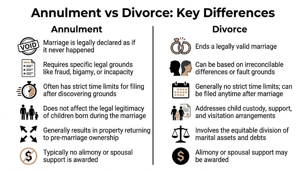 A comparison chart outlining the key legal differences between an annulment and a divorce process.