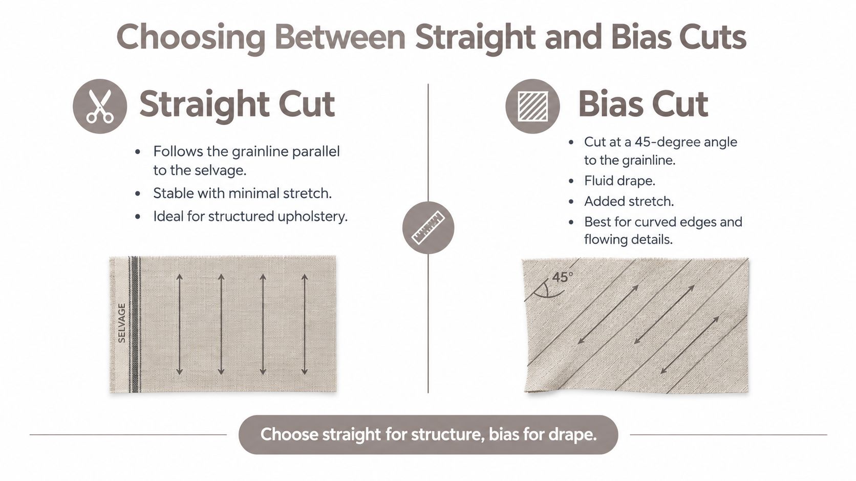 A diagram illustrating the difference between straight cut and bias cut fabric grain lines for sewing.
