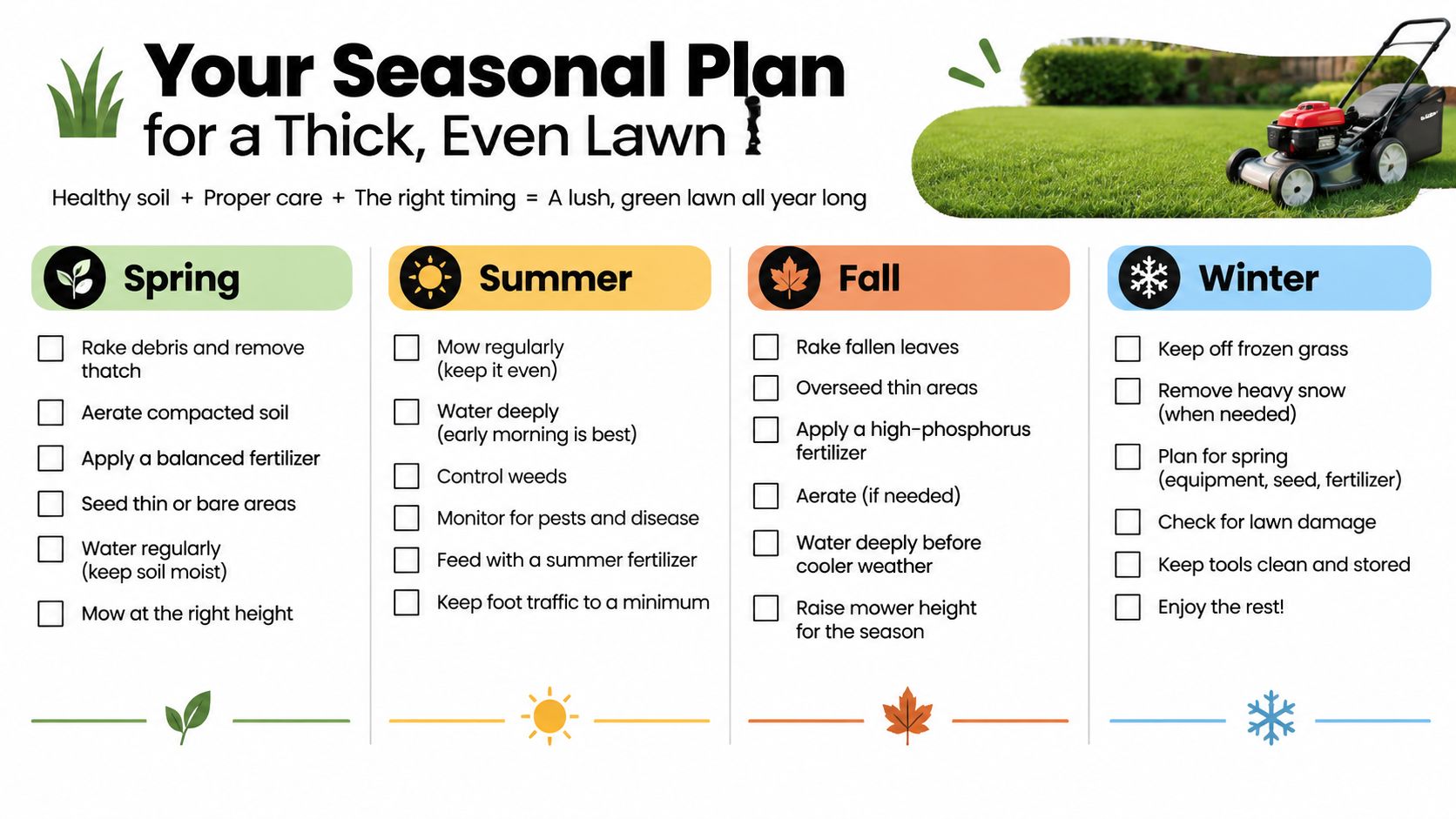 A seasonal lawn care checklist infographic with tips for spring, summer, fall, and winter maintenance.