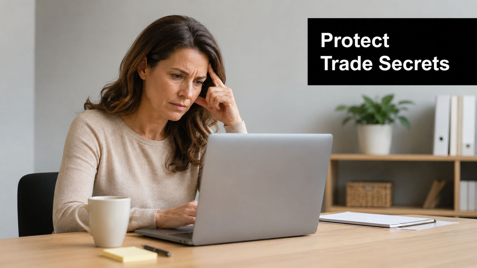 A concerned professional woman working on her laptop in an office, worried about protecting business trade secrets.
