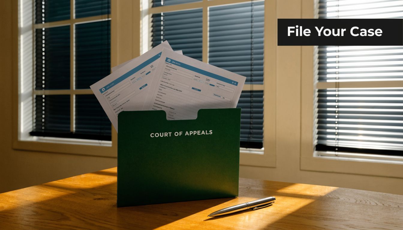 A green Court of Appeals folder with legal documents and a pen on a wooden table.