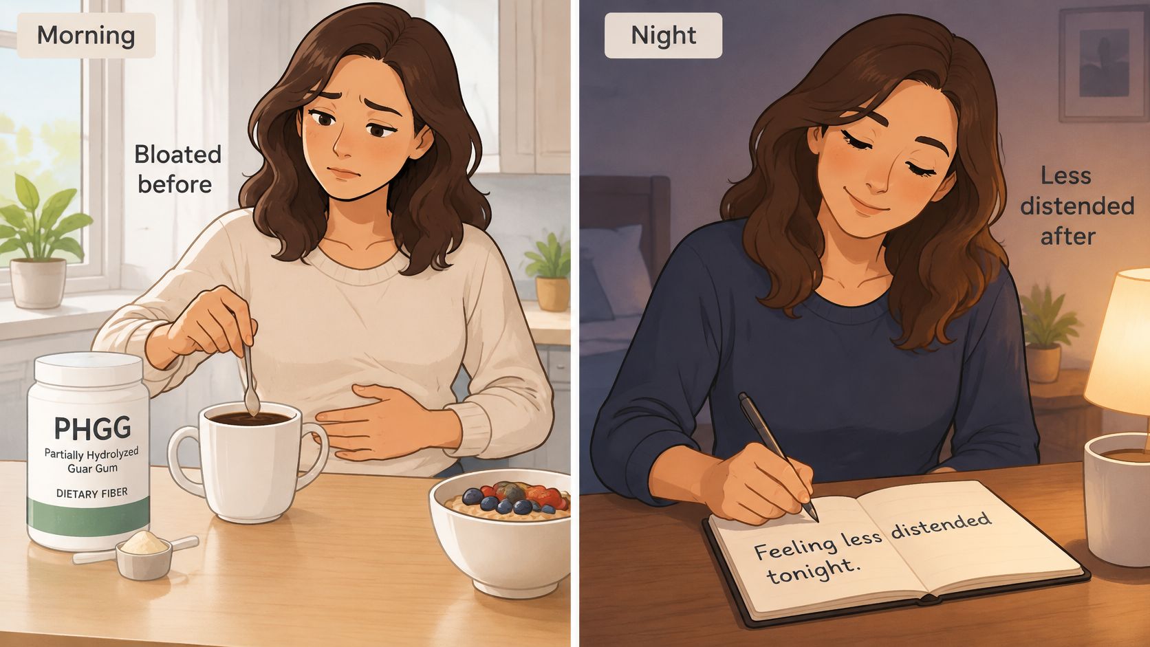 A split-screen comparison showing a woman taking PHGG dietary fiber in the morning and feeling less bloated tonight.