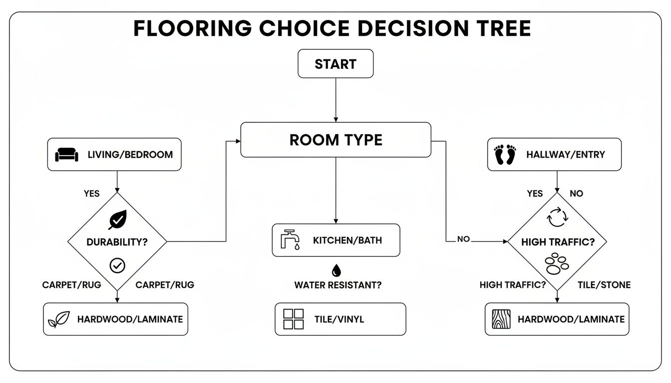 Flowchart for flooring choice decision tree, guiding selections based on room type, durability, and traffic.