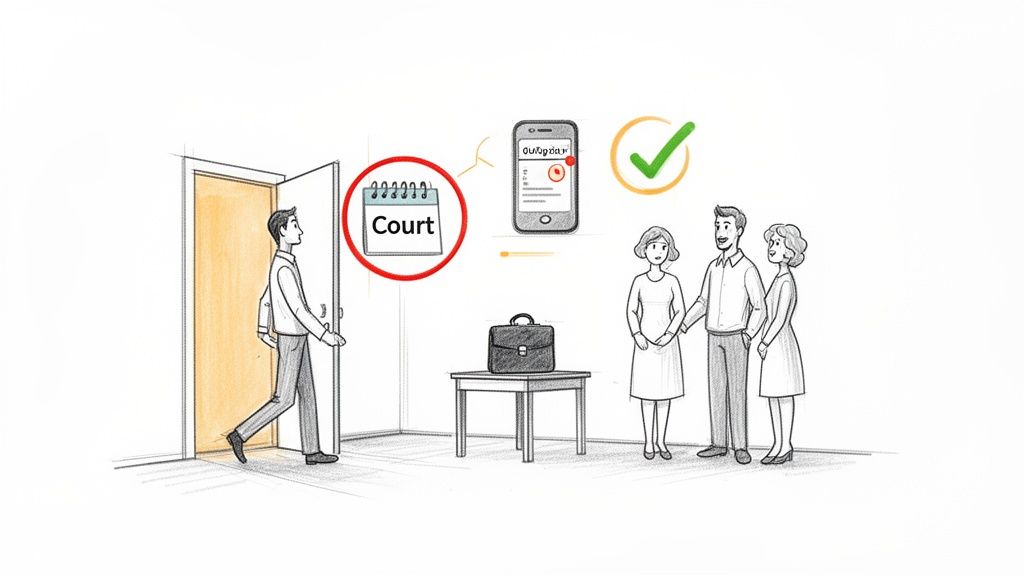 A man walks towards a door, with a court calendar, smartphone app, and a group of people symbolizing support.