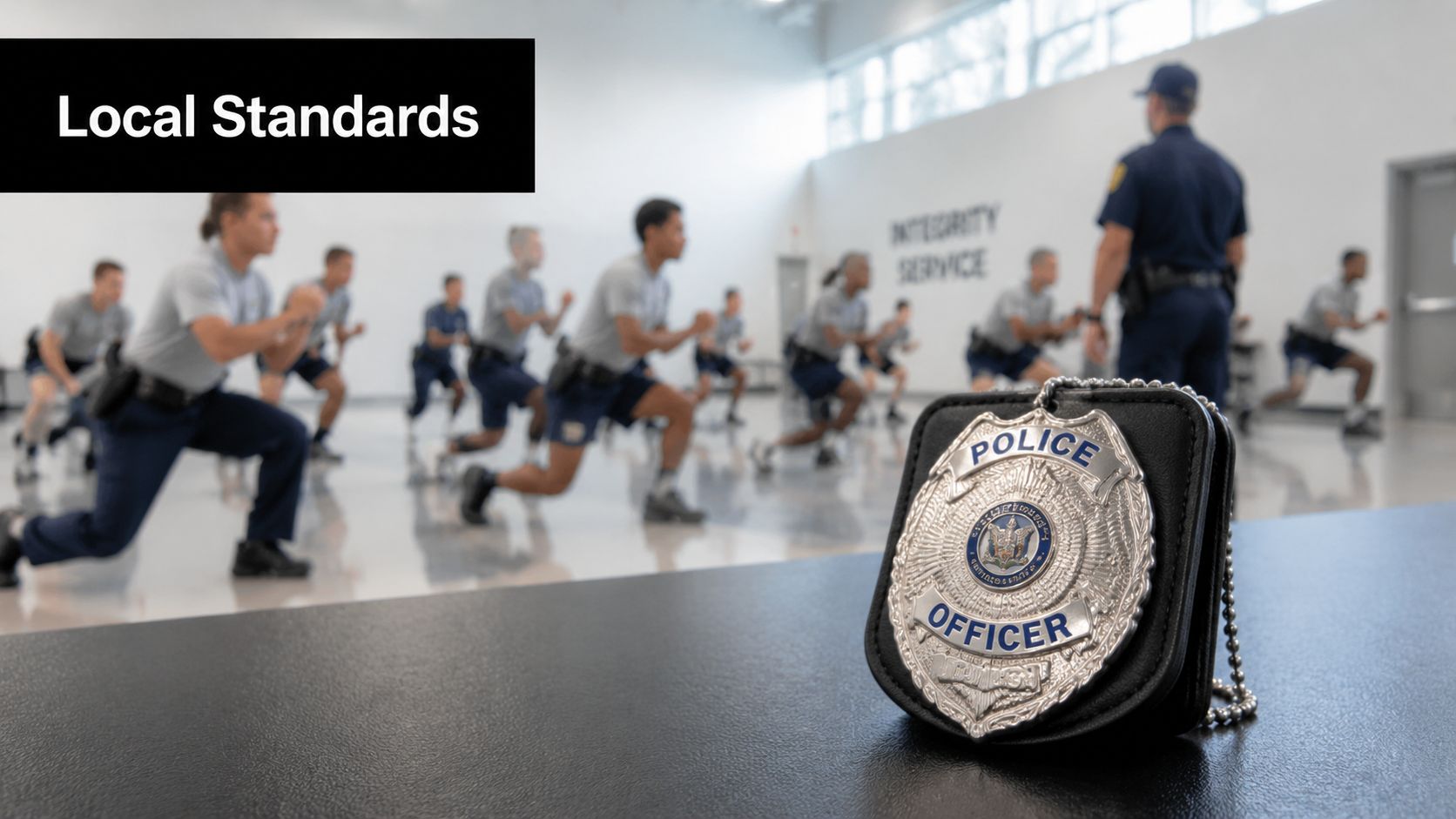 Police recruits performing lunges in a training facility with a police badge in the foreground.