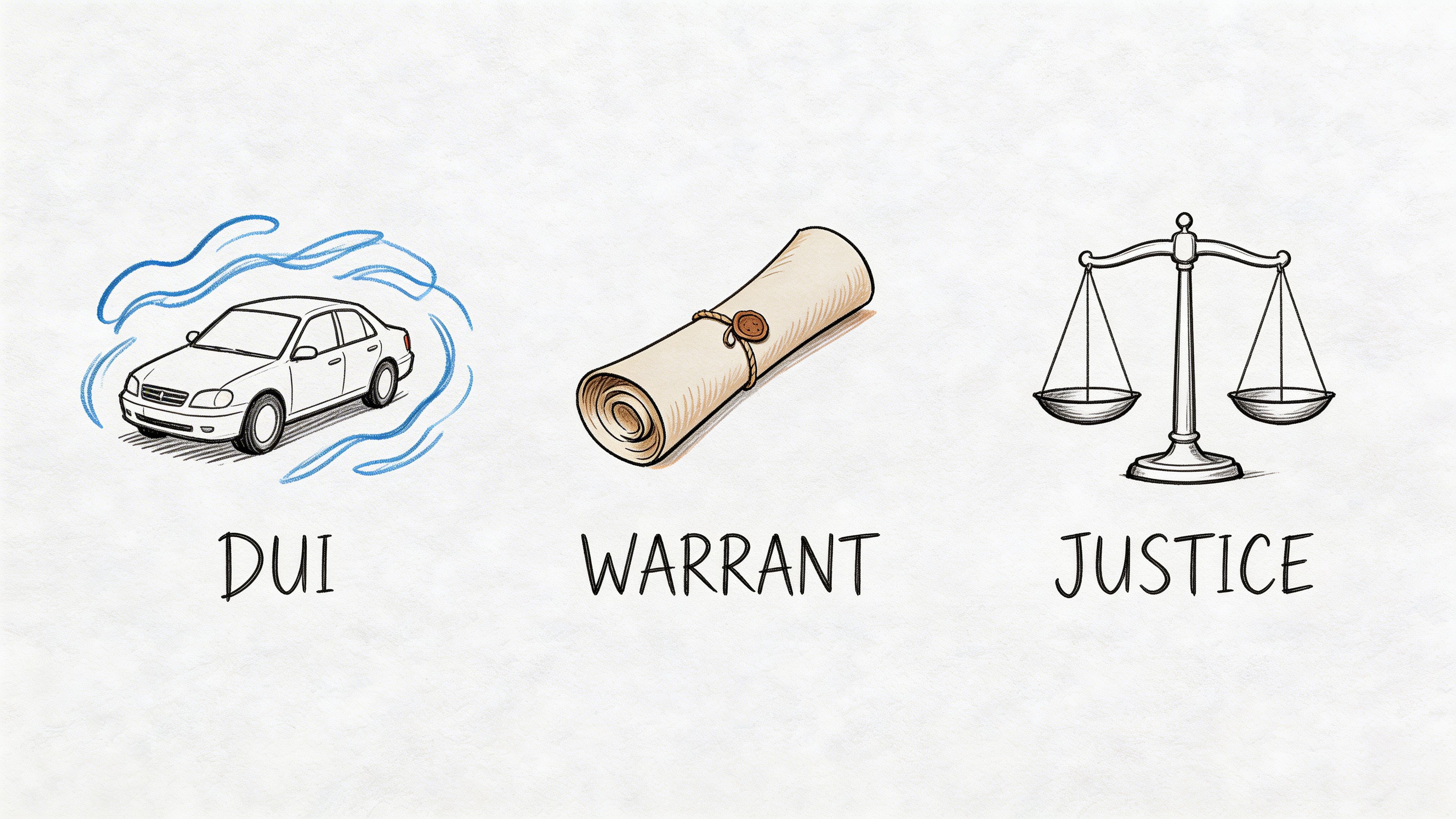 A hand-drawn illustration depicting a DUI car, a legal warrant scroll, and a balance scale for justice.