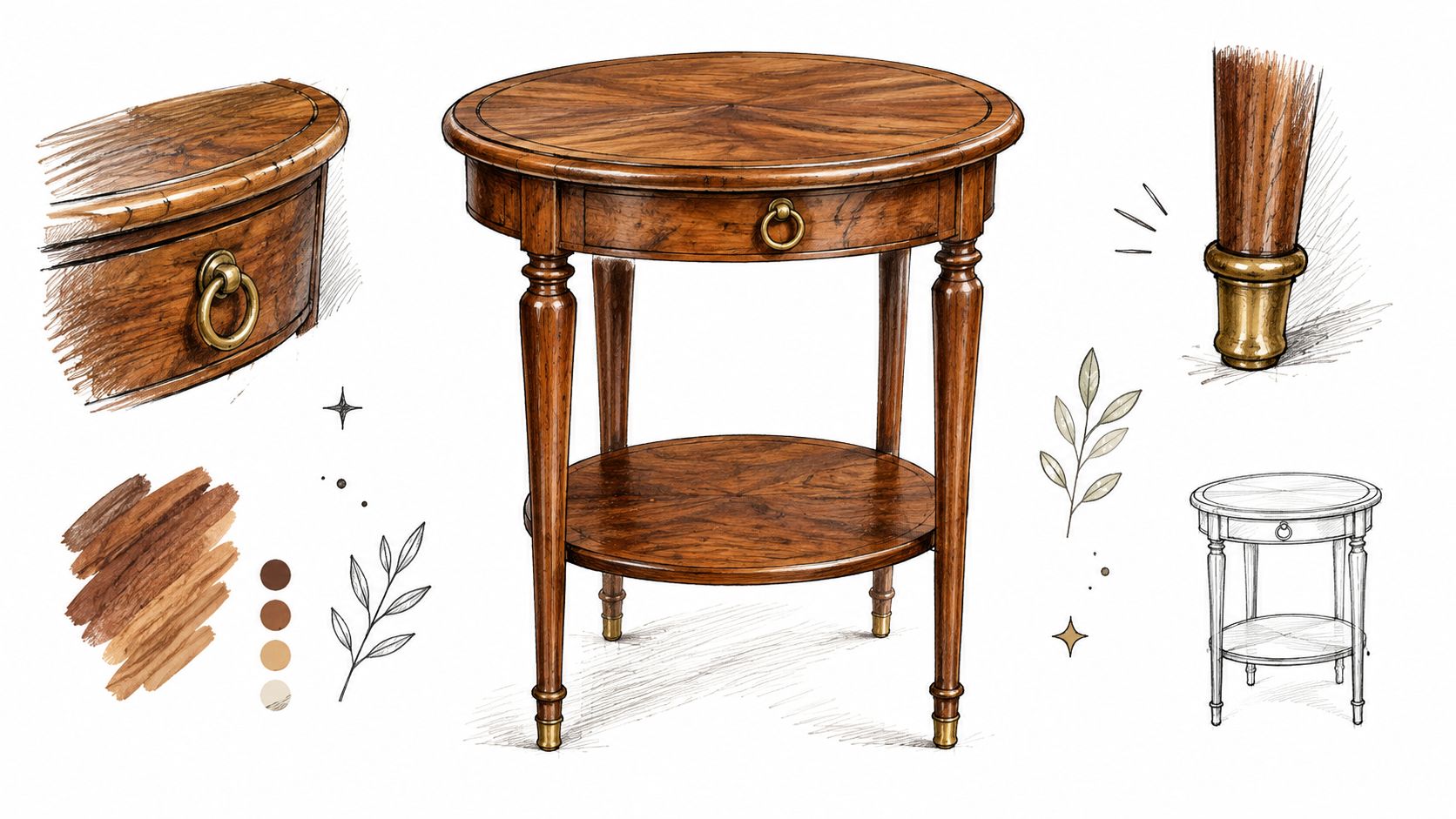 A detailed artistic illustration of an antique-style wooden side table with a lower shelf and brass accents.