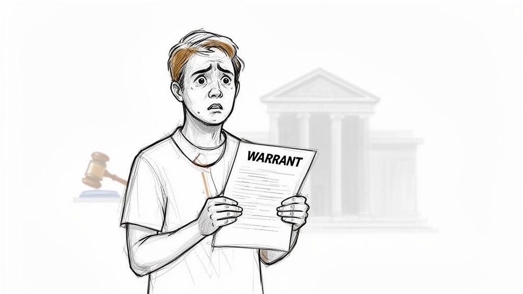 A frightened young man holds a document labeled 'WARRANT' with a judge's gavel and courthouse in the background.