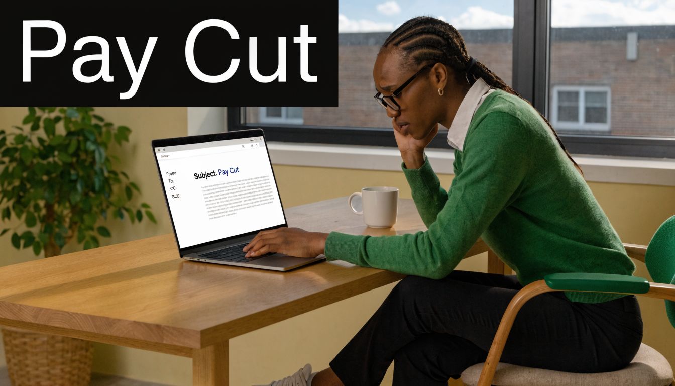 A concerned office worker reading an email about a pay cut on their laptop while sitting at desk.