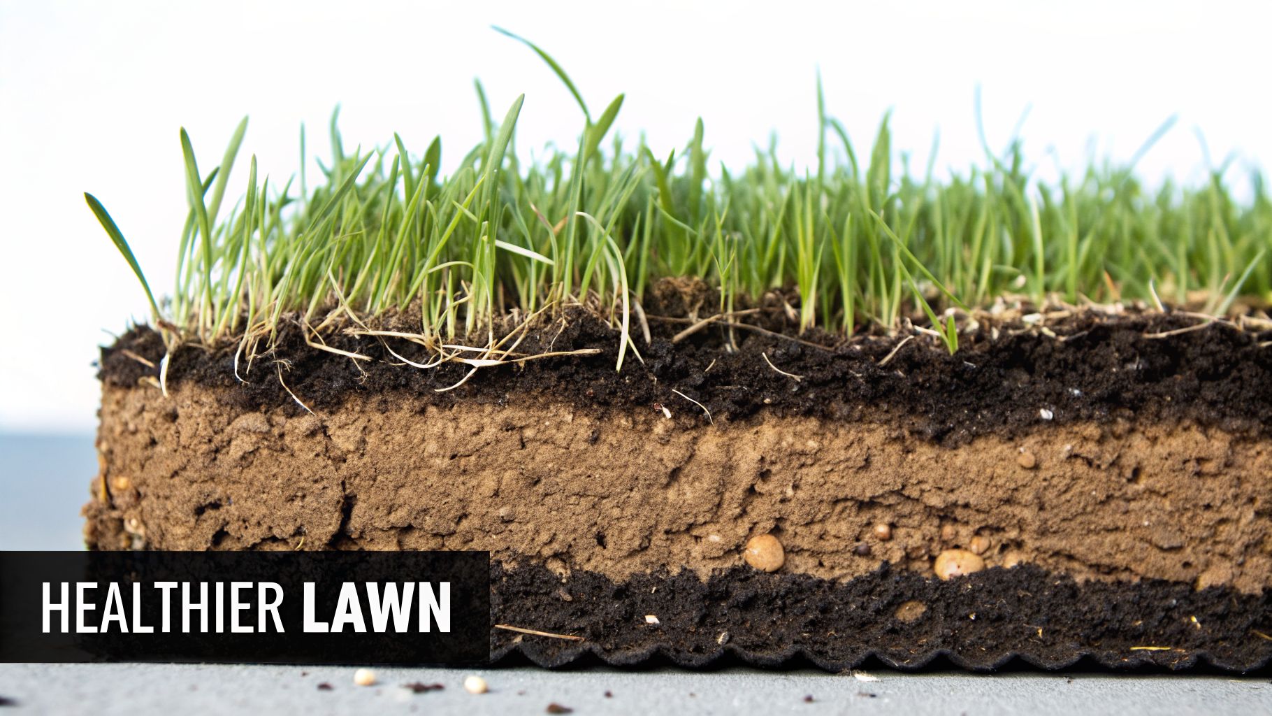 Close-up cross-section of a healthy lawn showing vibrant green grass, deep roots, and distinct soil layers.