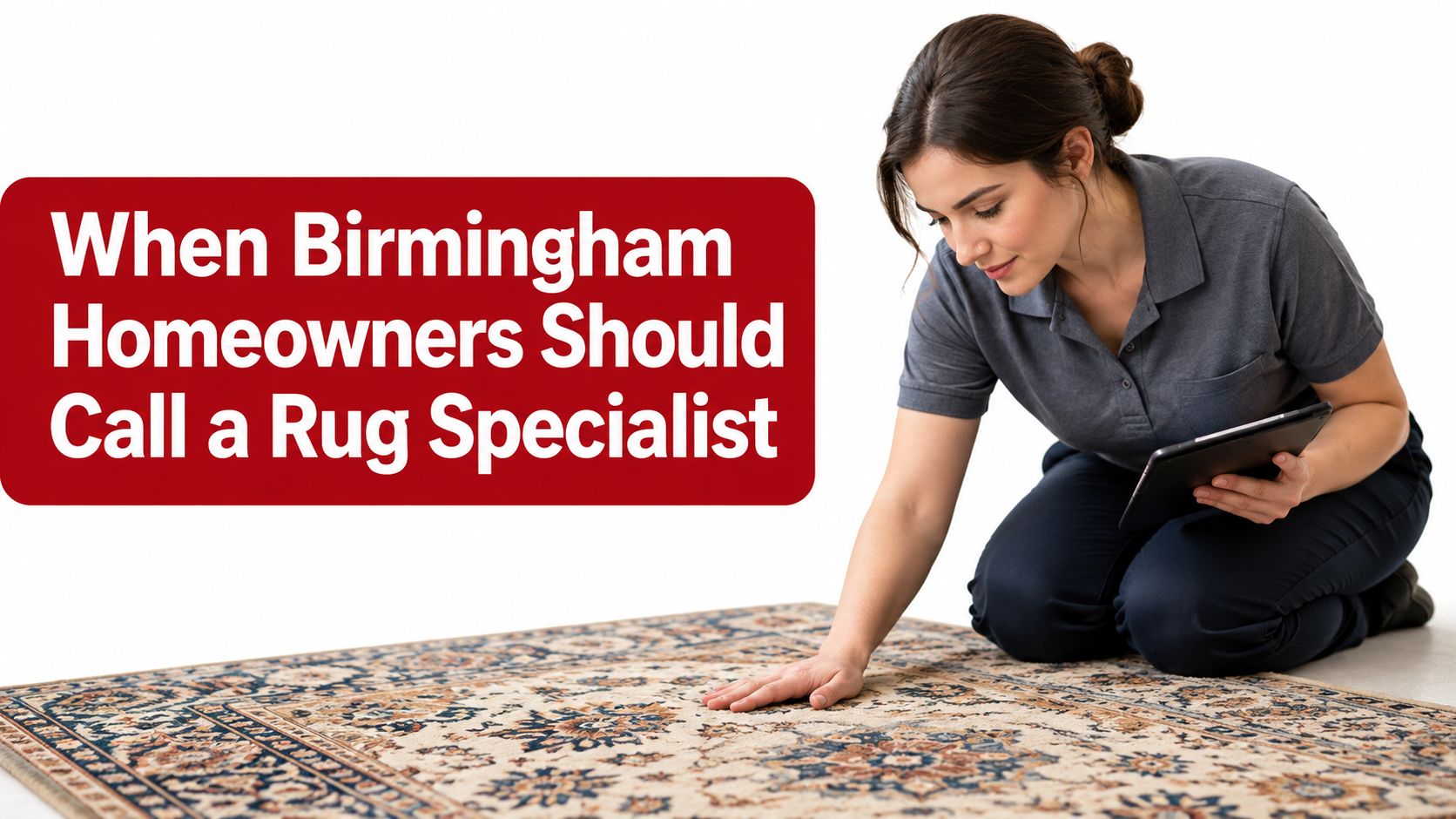 A professional rug specialist inspecting a patterned area rug while holding a digital tablet for assessment.