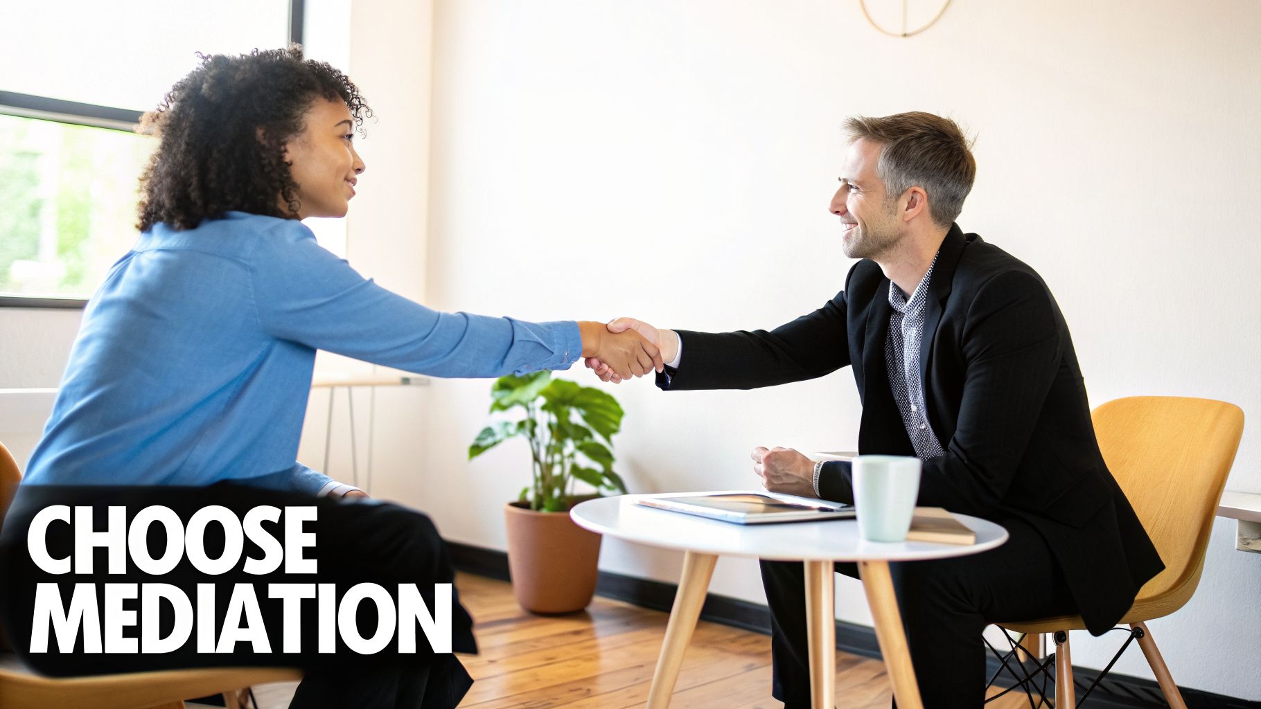 Two smiling professionals, a man and a woman, shake hands in a bright office setting.