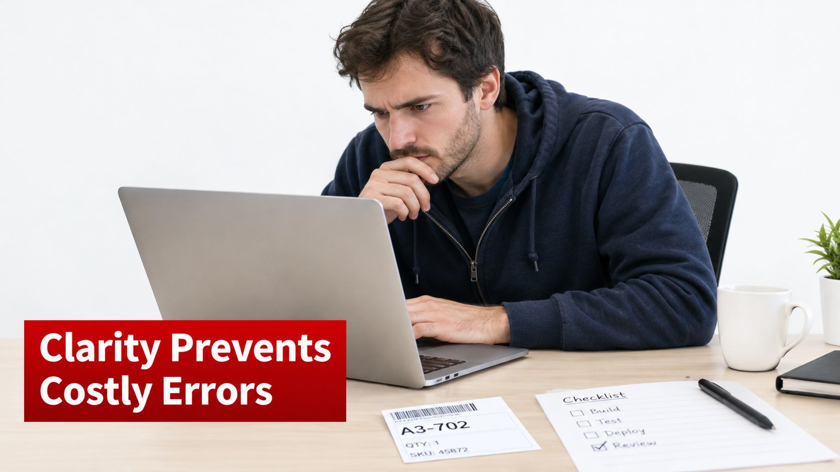A focused man wearing a blue hoodie working on a laptop at a desk with a checklist.