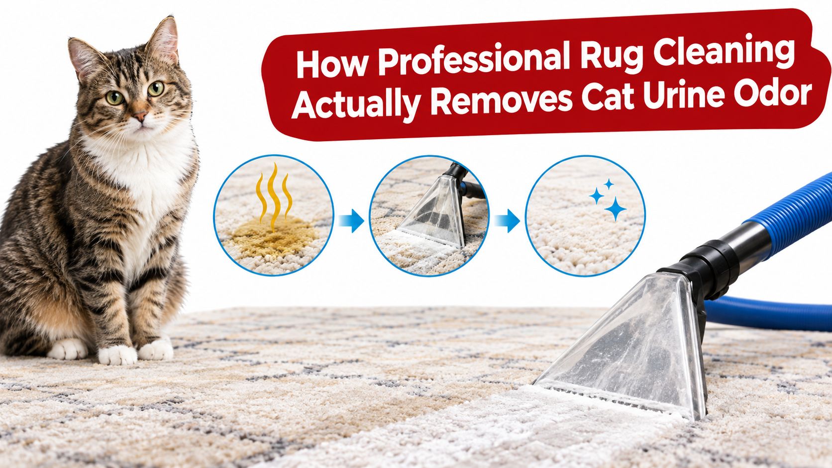 A professional rug cleaning machine removing cat urine stains and odors from a beige patterned carpet.