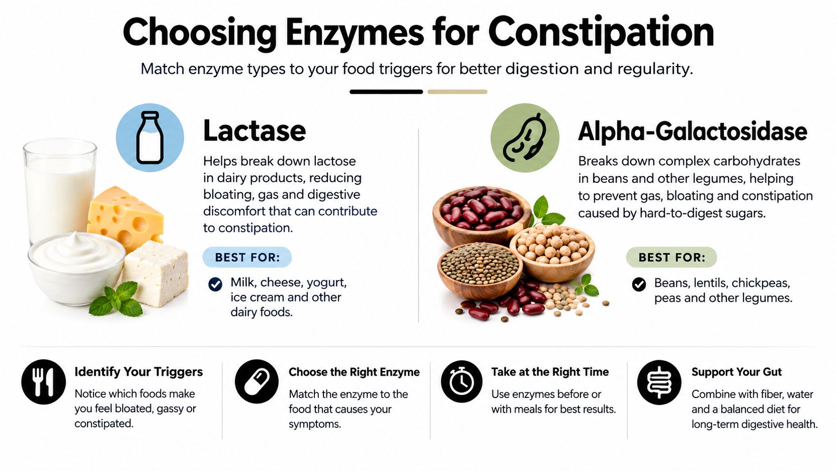 An infographic titled Choosing Enzymes for Constipation explaining how lactase and alpha-galactosidase assist with digestive issues.