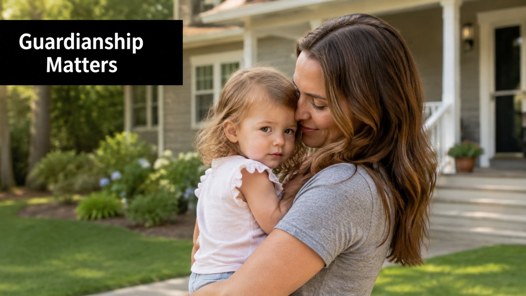 A caring mother holds her young toddler daughter outside their beautiful suburban family home.