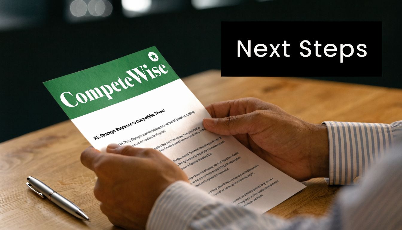 A person in a professional shirt holding a business document titled CompeteWise at a wooden desk.