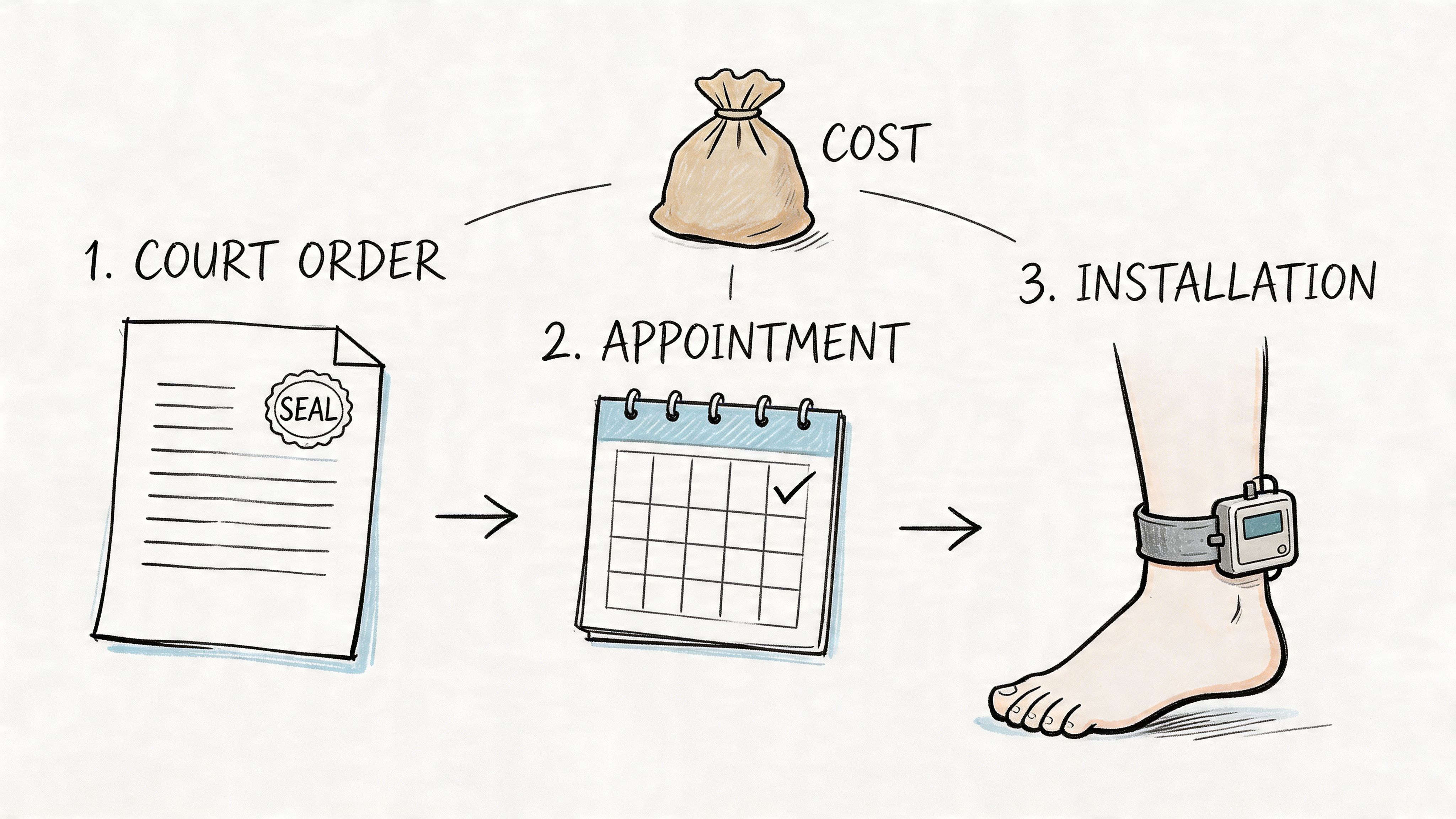 A diagram illustrating the three-step process of obtaining a court-ordered alcohol ankle monitor, including associated costs.
