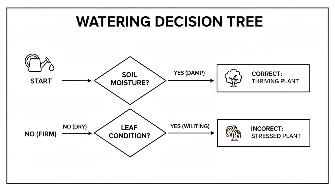 A watering decision tree flowchart showing steps to determine if a plant is thriving or stressed based on soil and leaf condition.