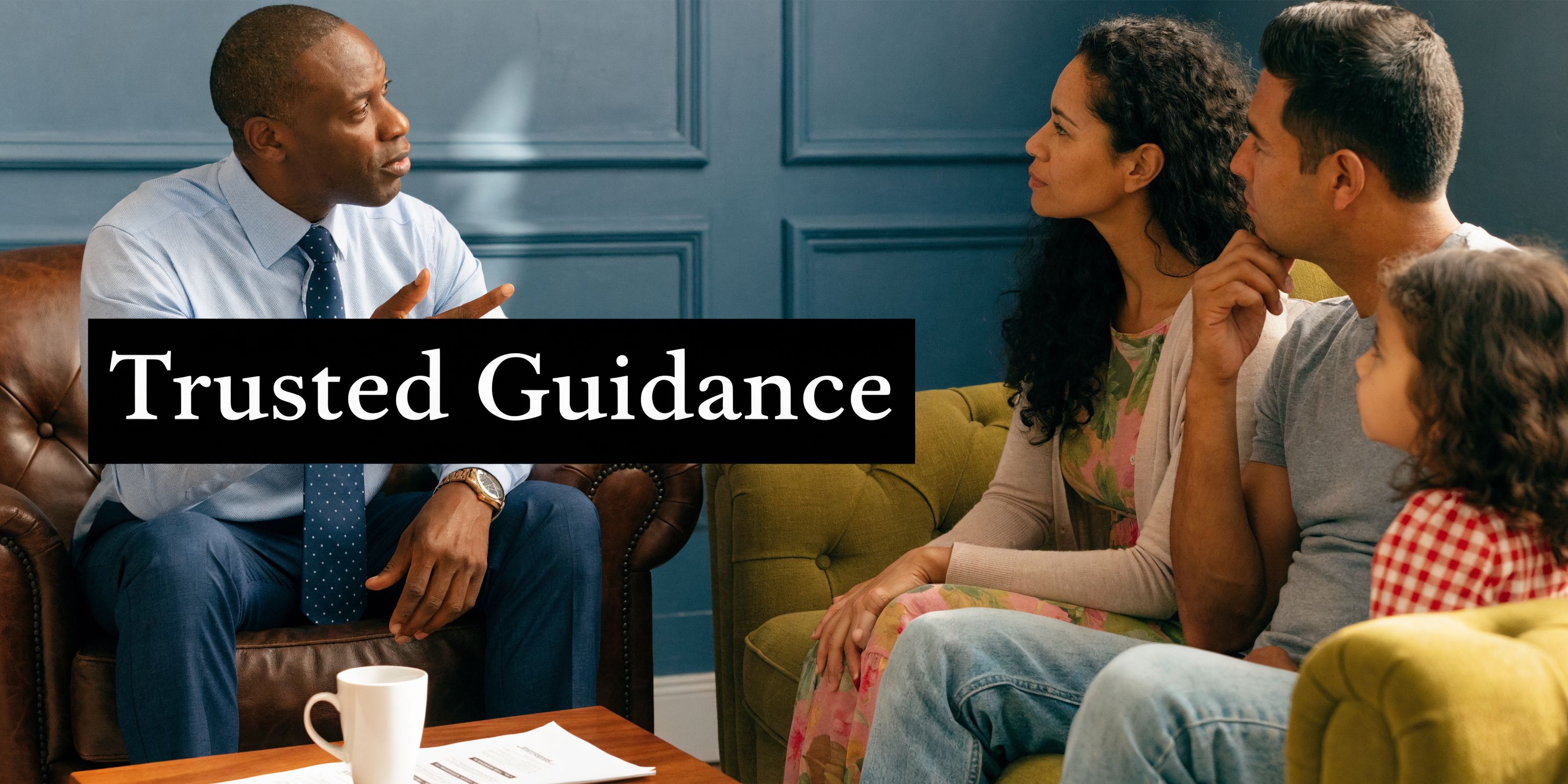 A professional financial advisor speaks with a young couple and their daughter in an office setting.