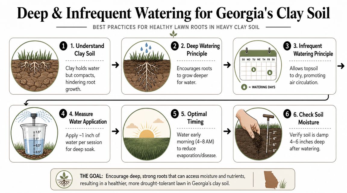 An infographic detailing deep and infrequent watering techniques for maintaining a healthy lawn in Georgia clay soil.