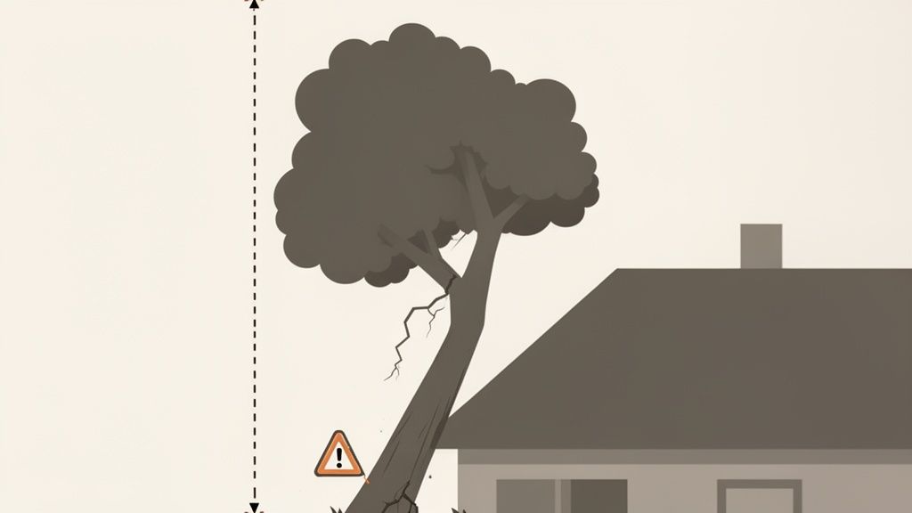 An illustrated image of a leaning, cracked tree with a warning sign next to a house.