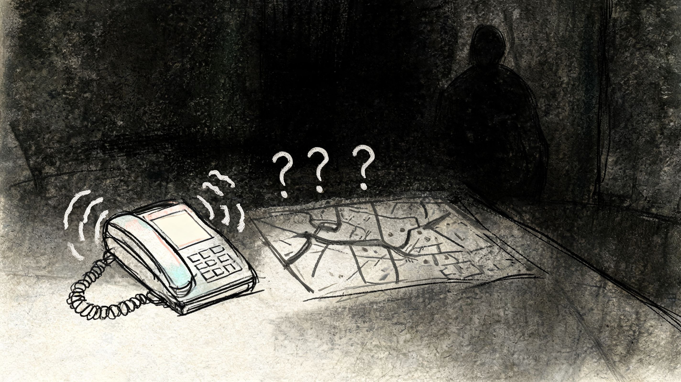 A ringing office telephone sits on a desk next to a map with question marks above it.