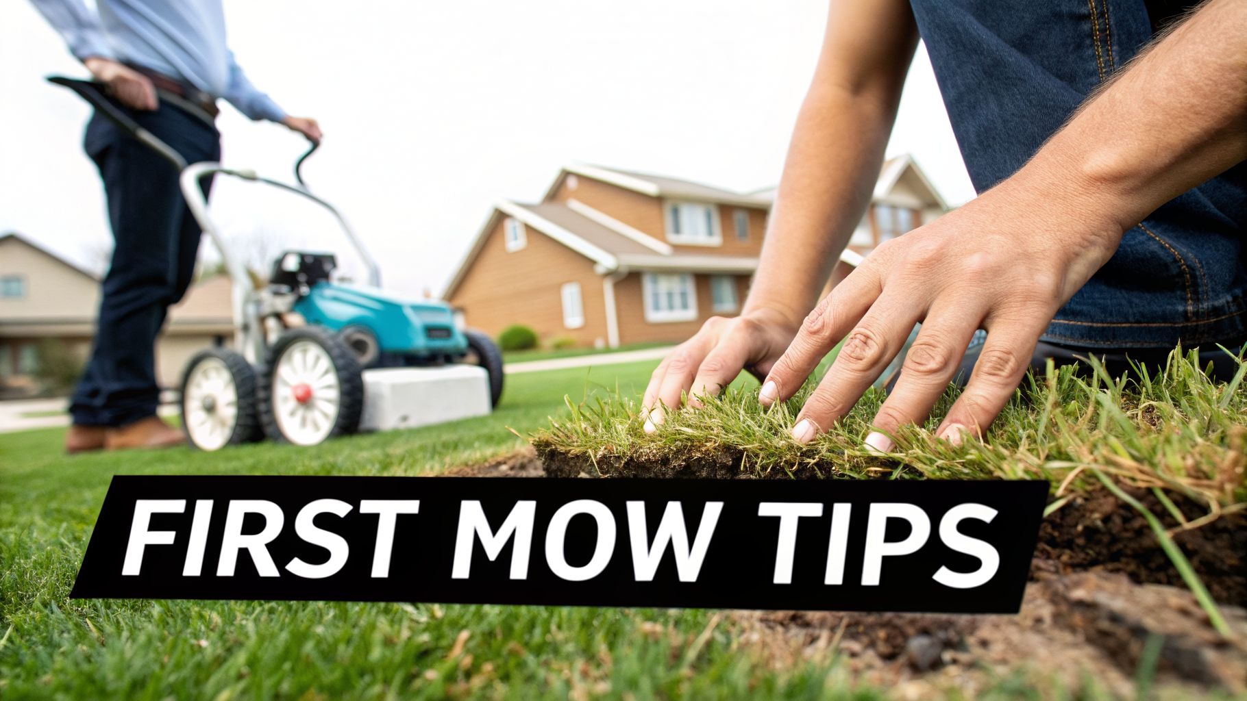 A close-up of hands touching new sod on a lawn, with a person mowing grass in the background. Text: FIRST MOW TIPS.