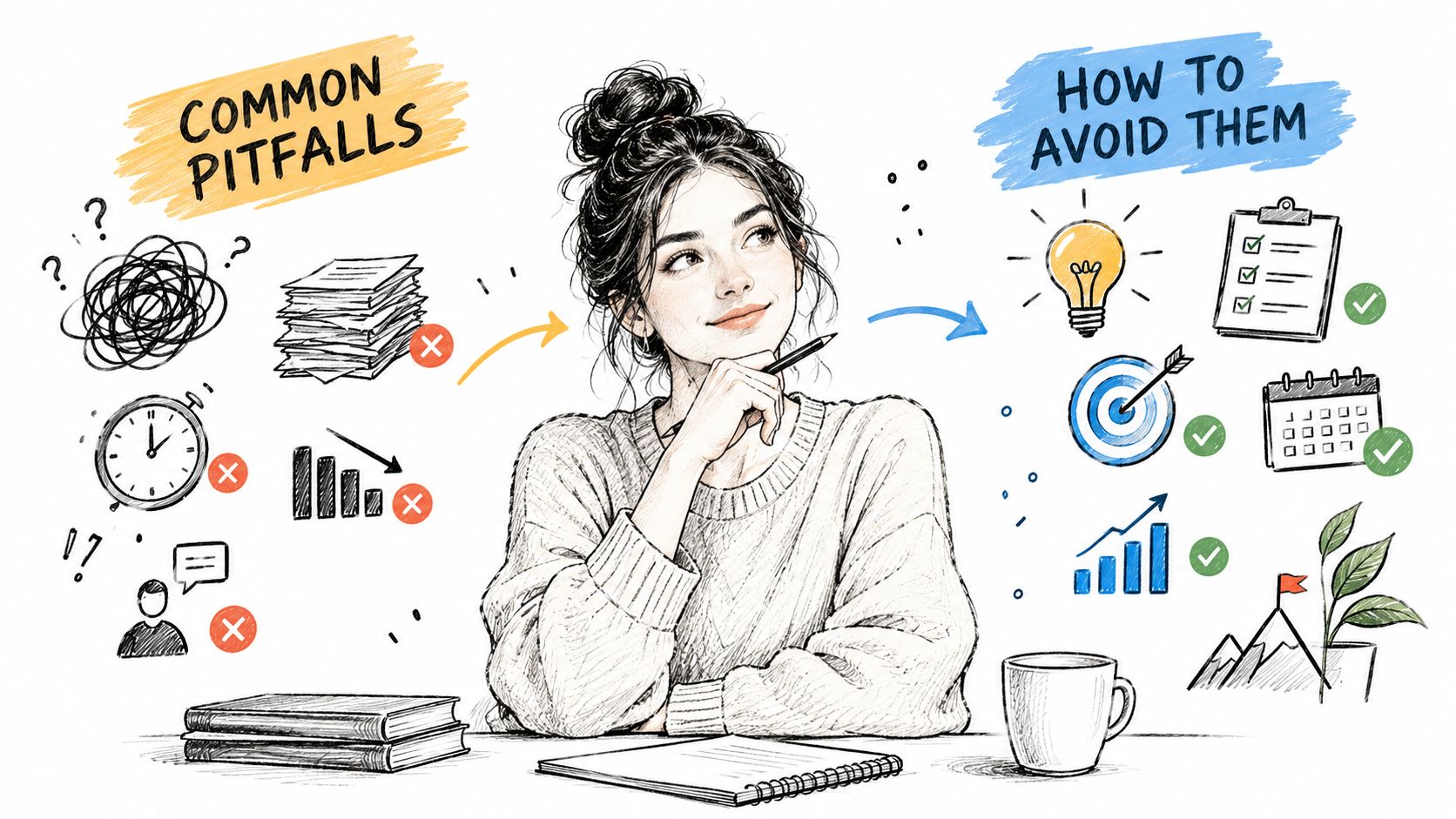 A woman thinking while comparing common productivity pitfalls on the left with solutions on the right.