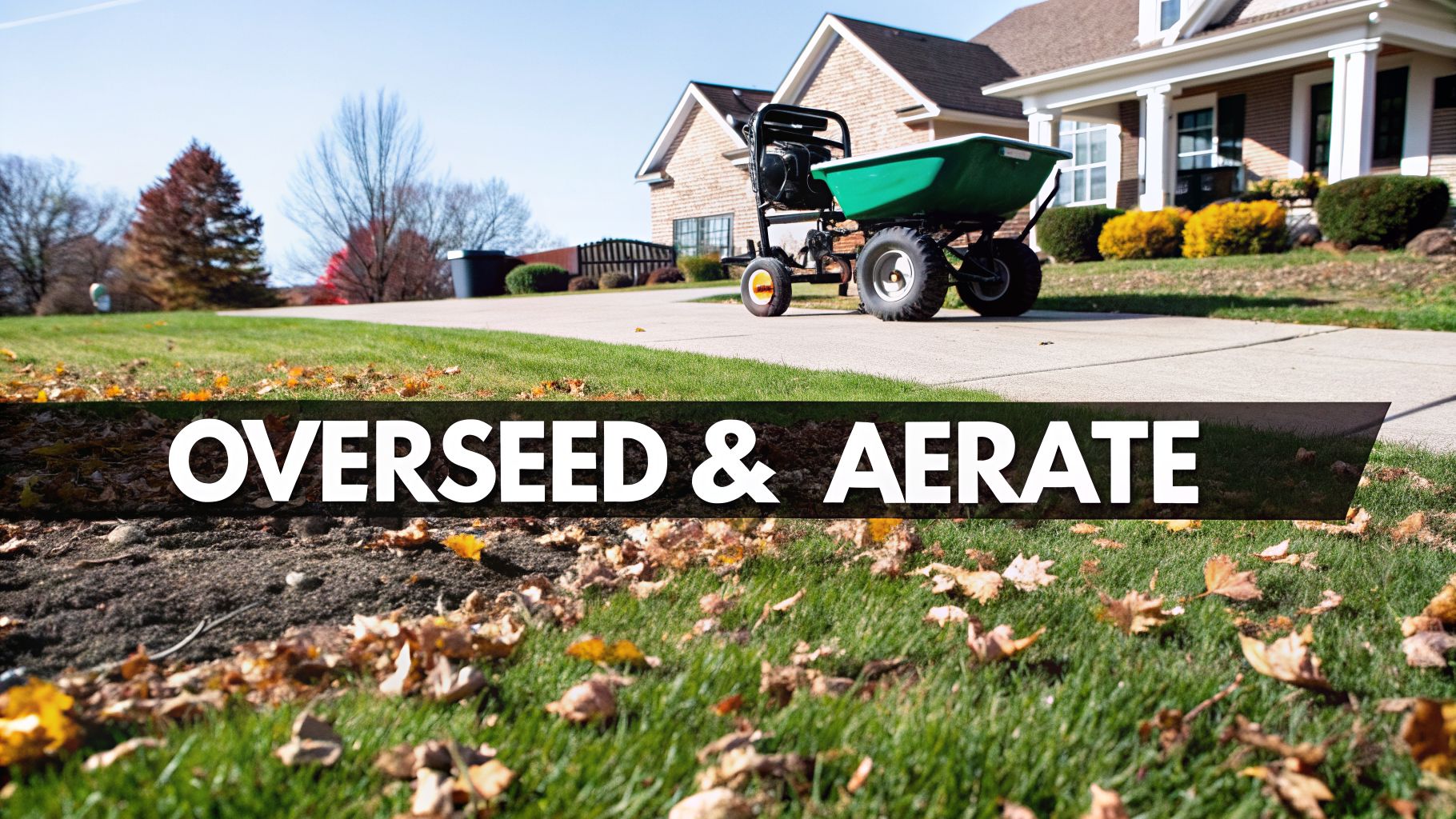 A green lawn spreader on a driveway in front of a suburban house during fall, with text 'OVERSEED & AERATE'.