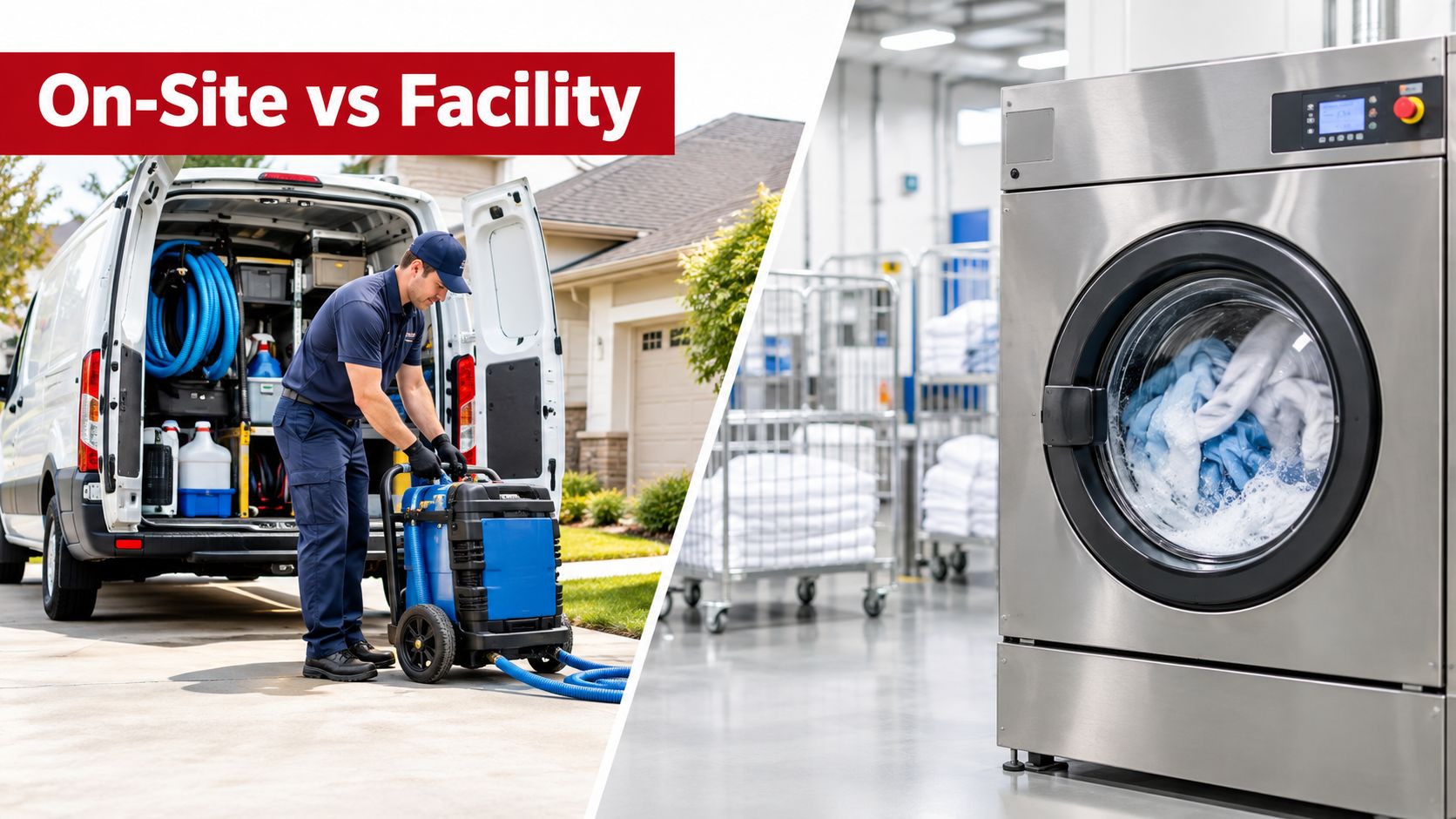 A split image comparing professional on-site upholstery cleaning services with industrial laundry facility cleaning equipment.