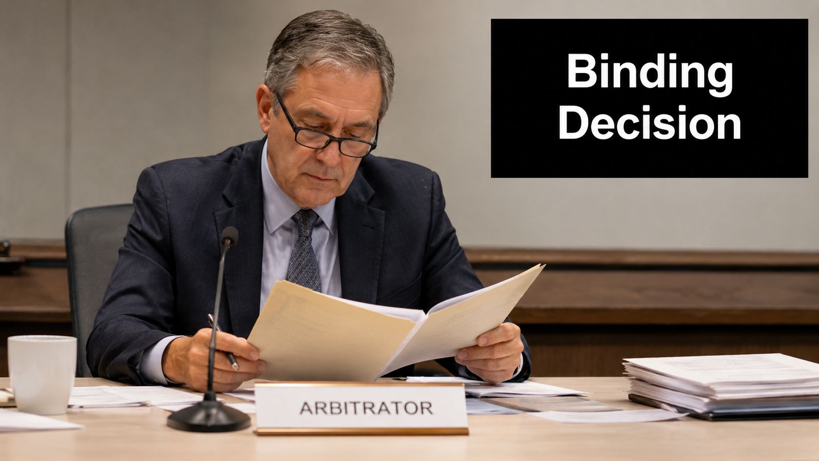 An older male arbitrator in a suit and glasses reads documents at a formal meeting table.