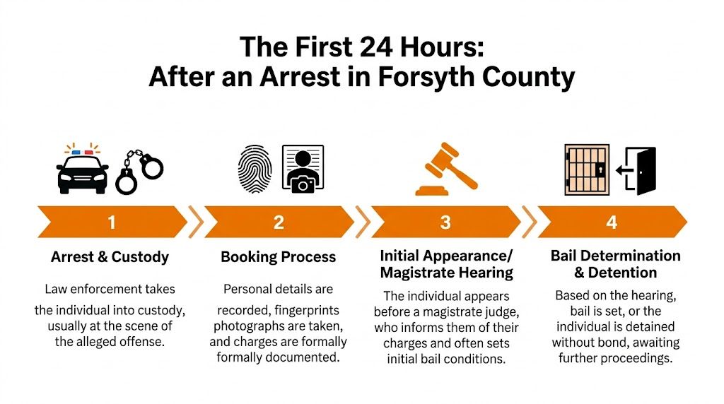 A flow chart illustrating the four steps of the arrest process in Forsyth County, Georgia.