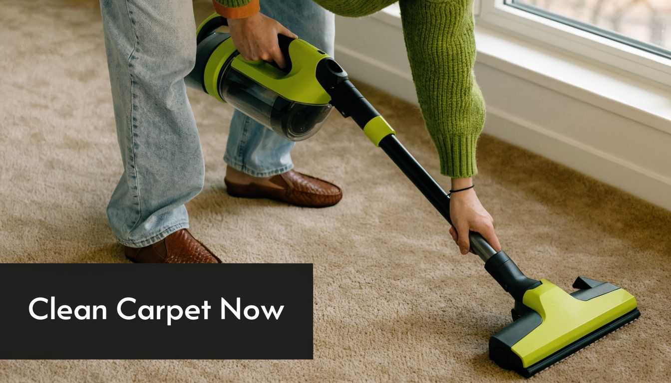A person using a cordless vacuum cleaner on a beige carpet in a bright room.
