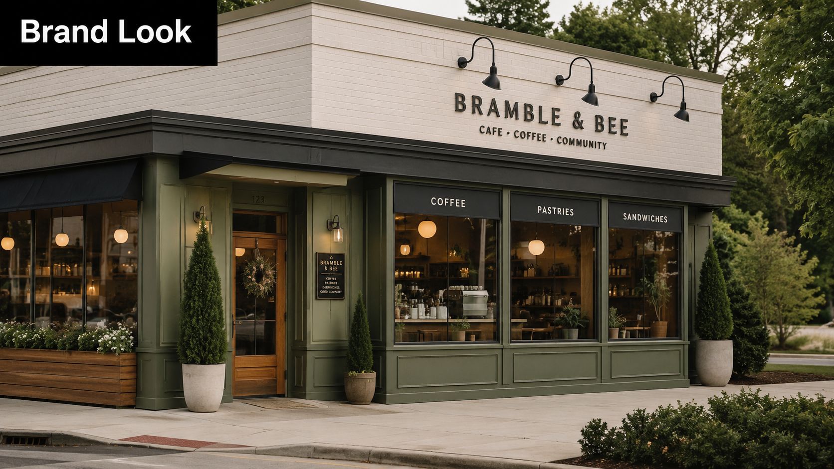 A modern, charming corner cafe called Bramble & Bee with green storefront, large windows, and outdoor greenery.