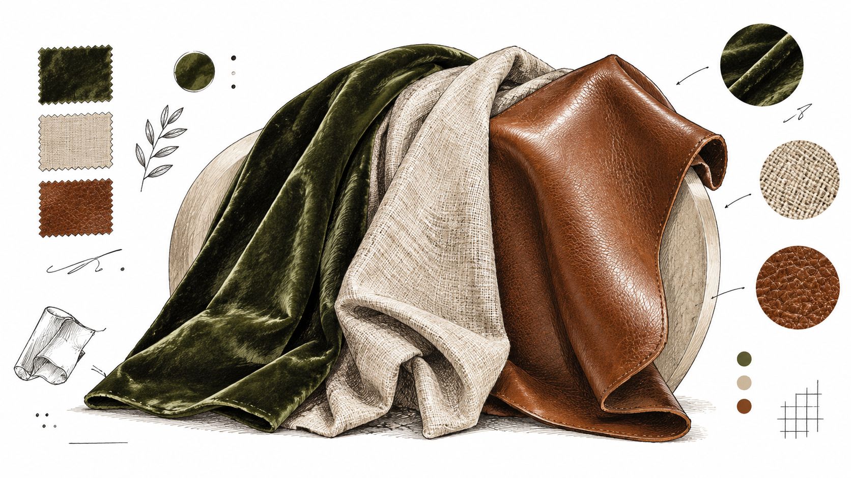 A design mood board displaying textured fabric samples of green velvet, beige linen, and brown leather upholstery.