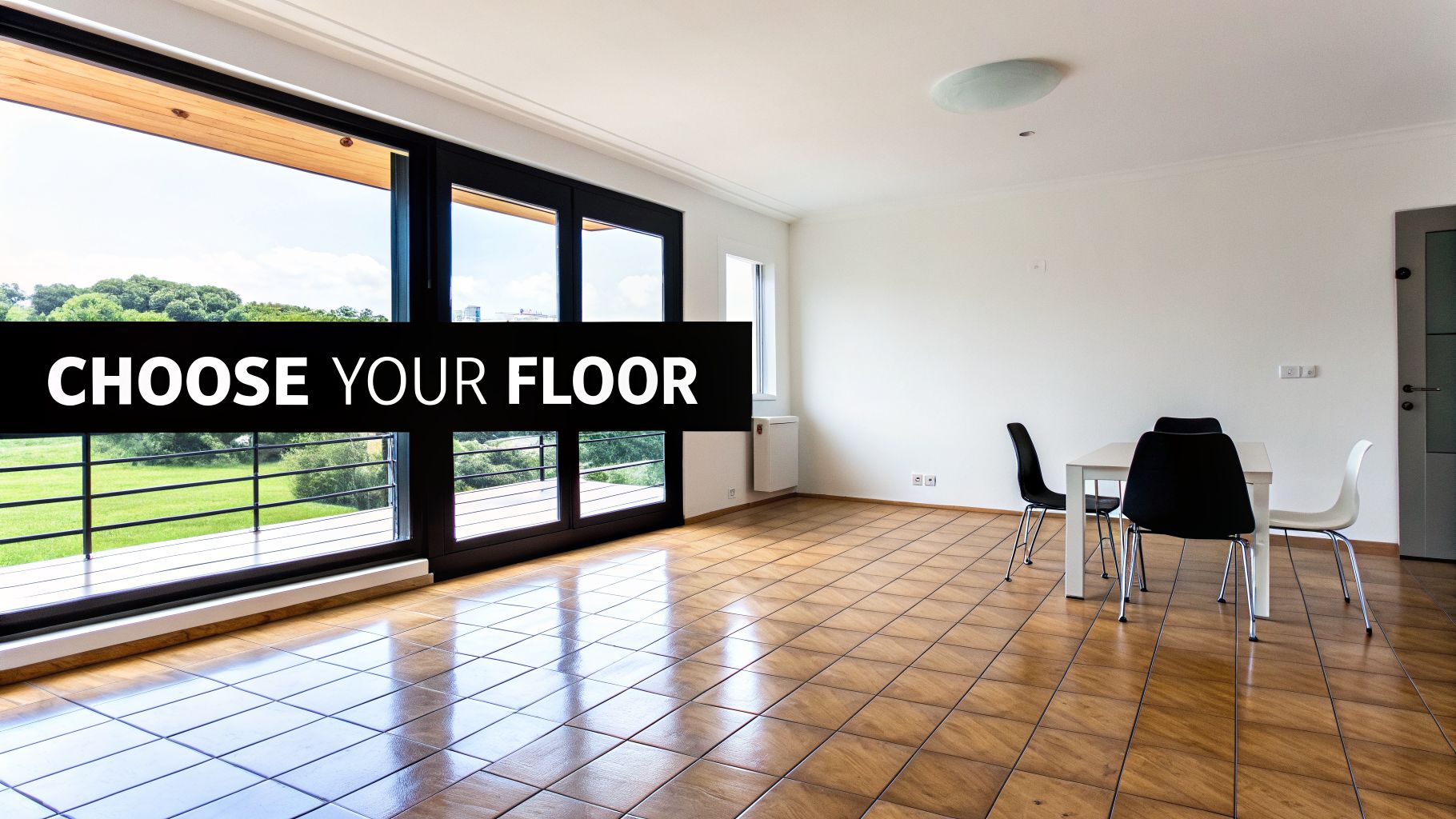 Spacious empty room with shiny tiled floor, large windows, and a dining set. Text: 'CHOOSE YOUR FLOOR'.