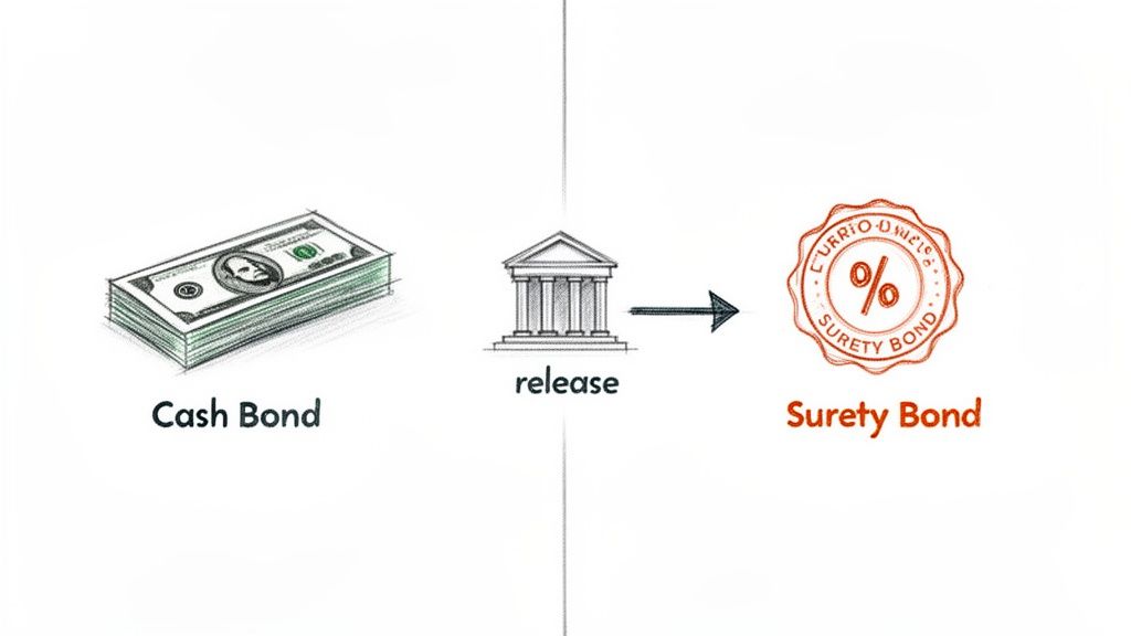 An illustration showing a stack of cash labeled 'Cash Bond' being released and converted into a 'Surety Bond'.