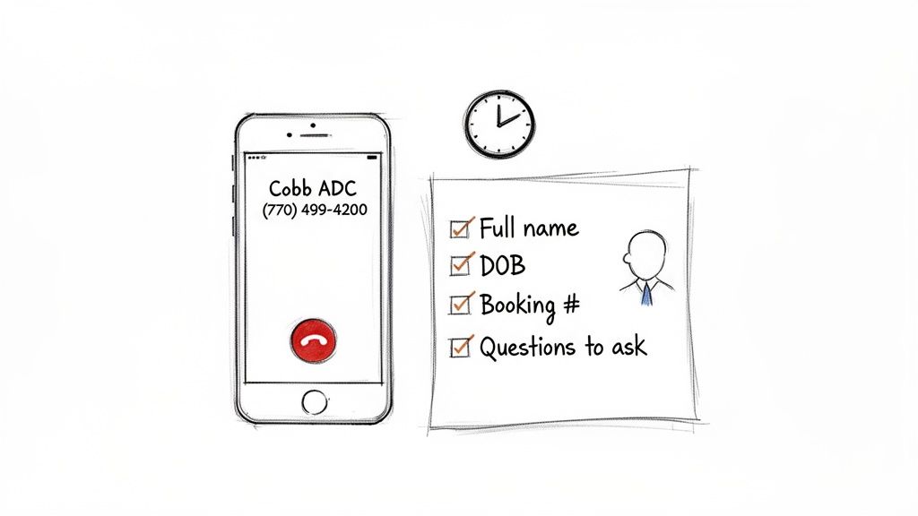 A smartphone showing Cobb ADC and a phone number, next to a clock, and an inquiry checklist.