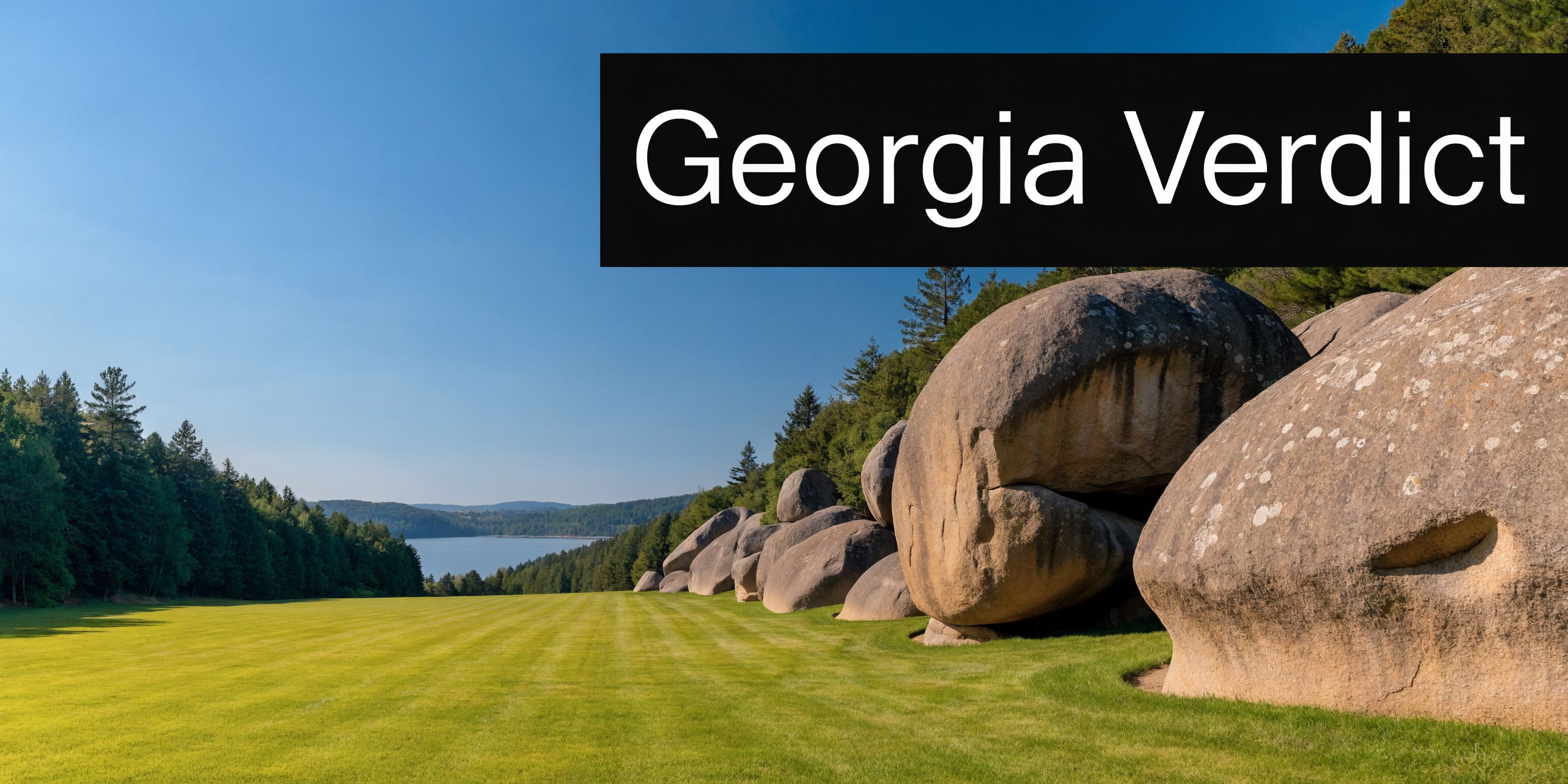 Large rounded boulders situated on a manicured green lawn overlooking a distant lake under a clear sky.