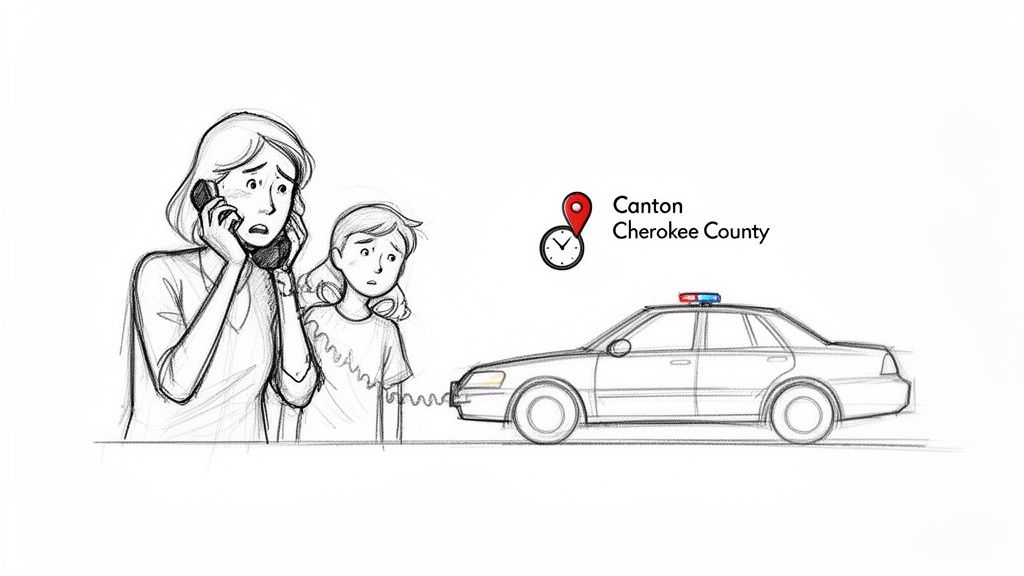 A distressed woman calls on the phone with a child and a police car nearby, indicating an emergency in Canton Cherokee County.
