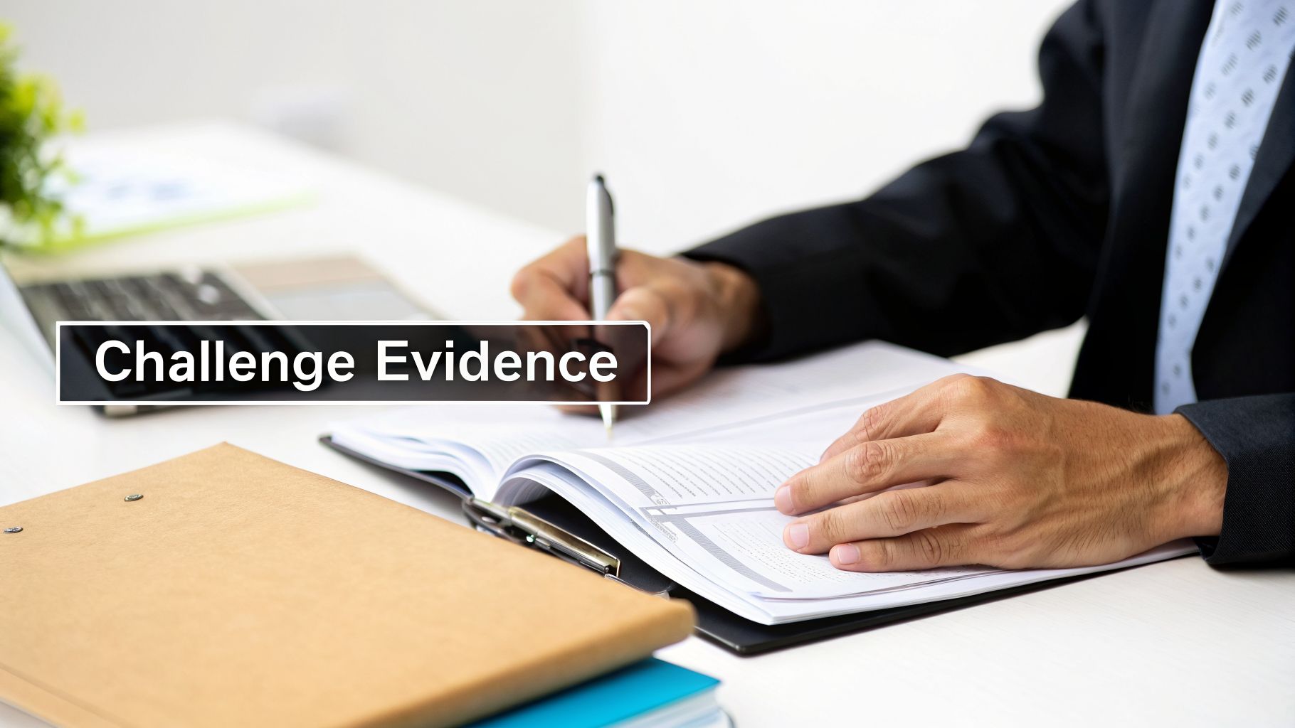 A person in a suit writes in a document, with a laptop and folders, featuring 'Challenge Evidence'.