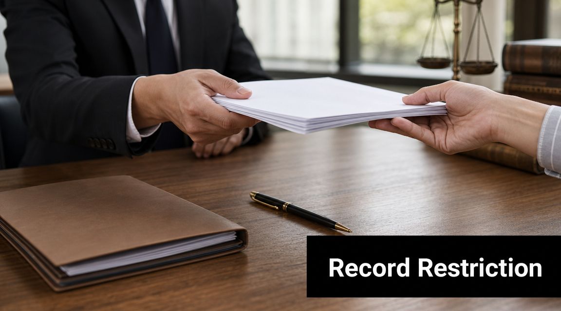 A professional lawyer in a suit handing a stack of legal documents to a client in an office.