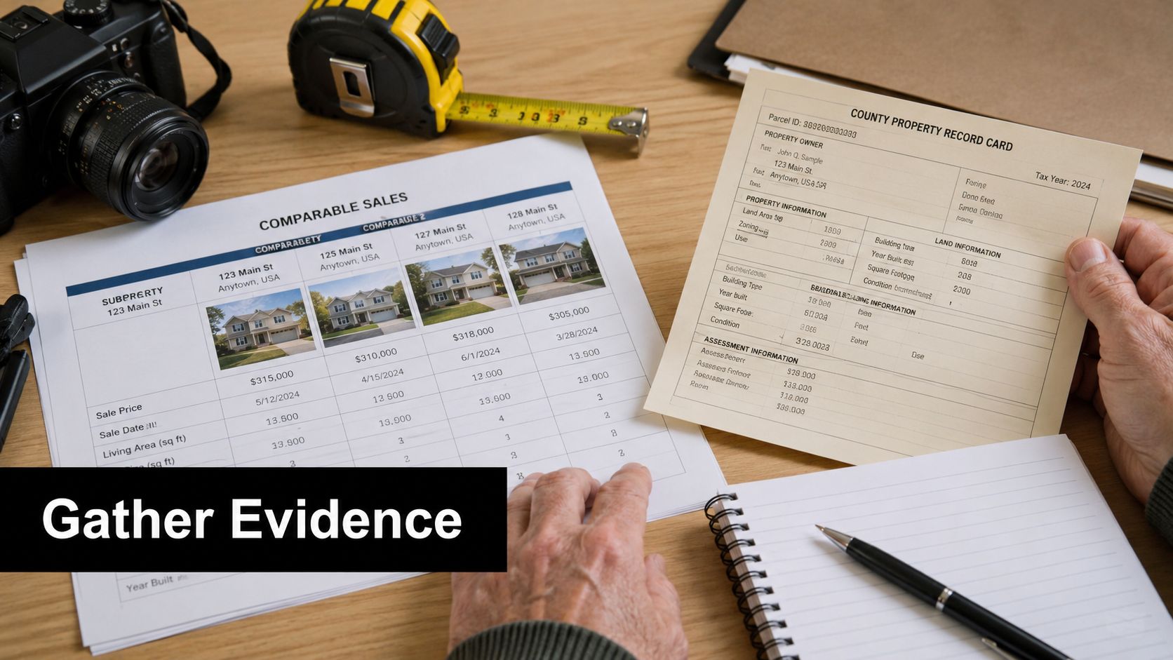 A person reviews property records and comparable home sales documents to prepare for a tax assessment appeal.