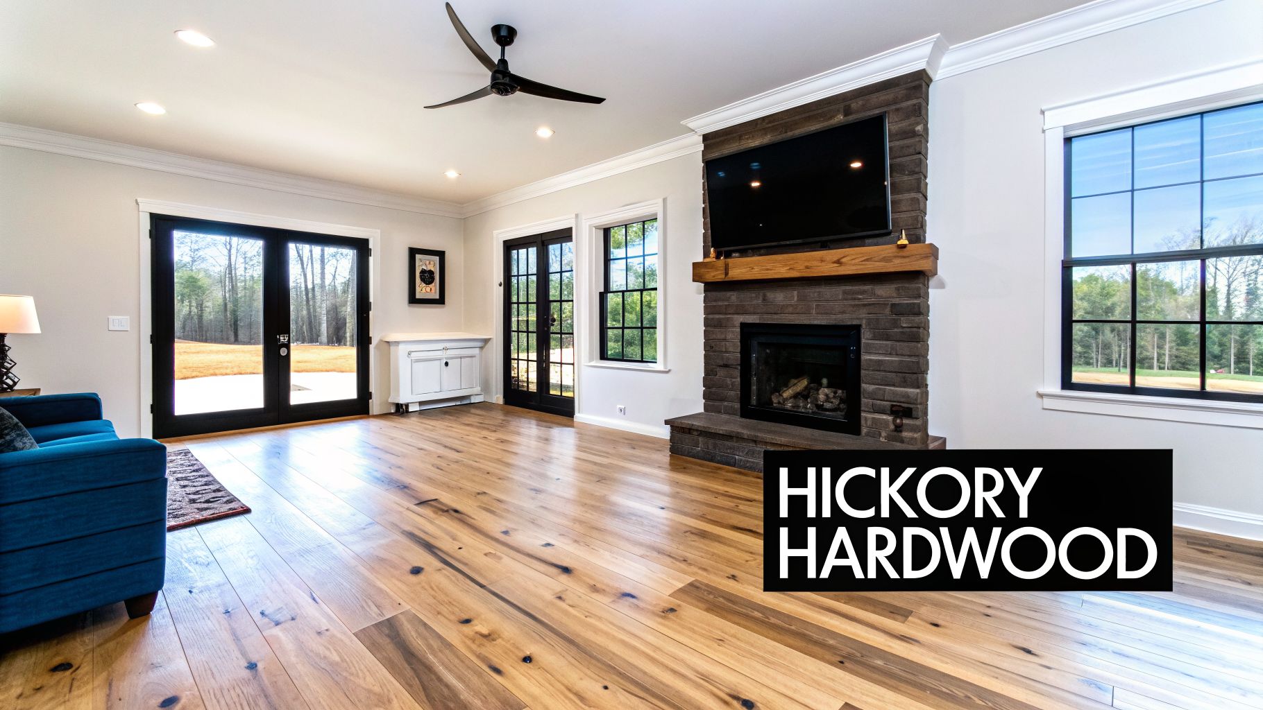 A modern living room featuring beautiful hickory hardwood flooring, a stone fireplace, and large windows.