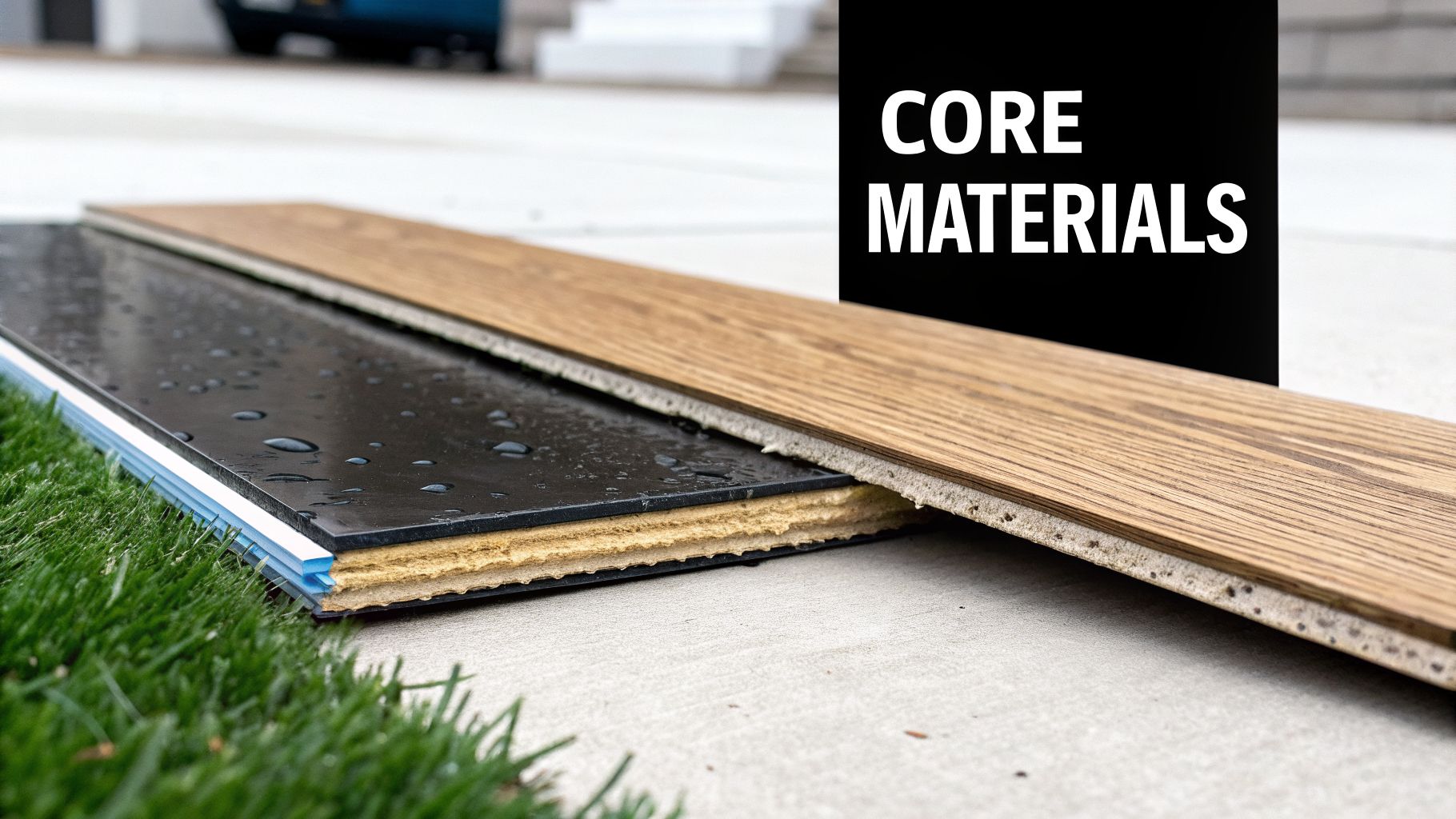 Close-up of luxury vinyl plank and laminate flooring samples, showcasing their multi-layered core materials, with one being water-resistant.