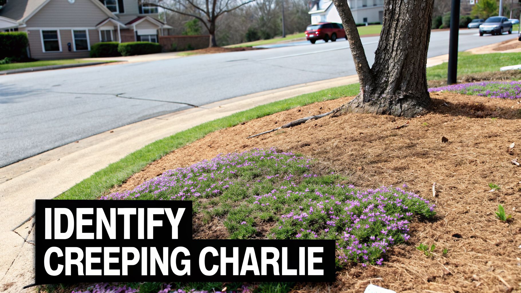 Image shows patches of green ground cover with small purple flowers, identified as Creeping Charlie.