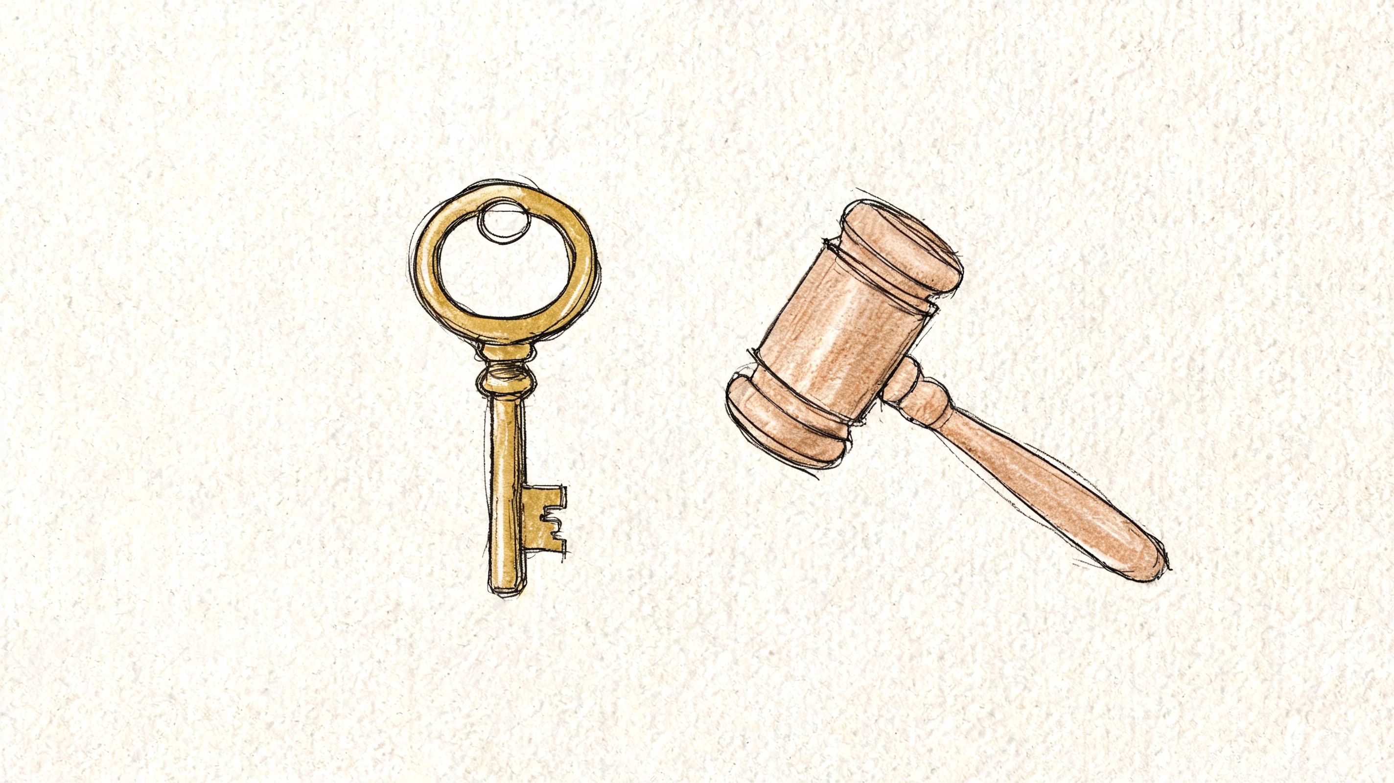 A hand-drawn sketch of an old-fashioned brass key placed next to a wooden judge's gavel.