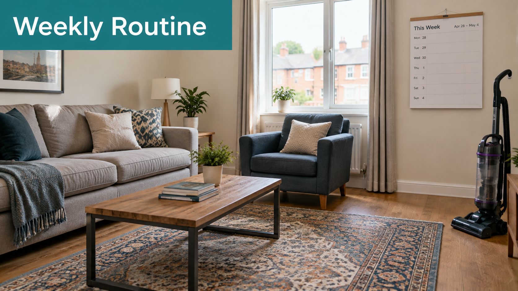 A cozy, well-lit living room featuring a sofa, an armchair, a coffee table, and a vacuum cleaner.