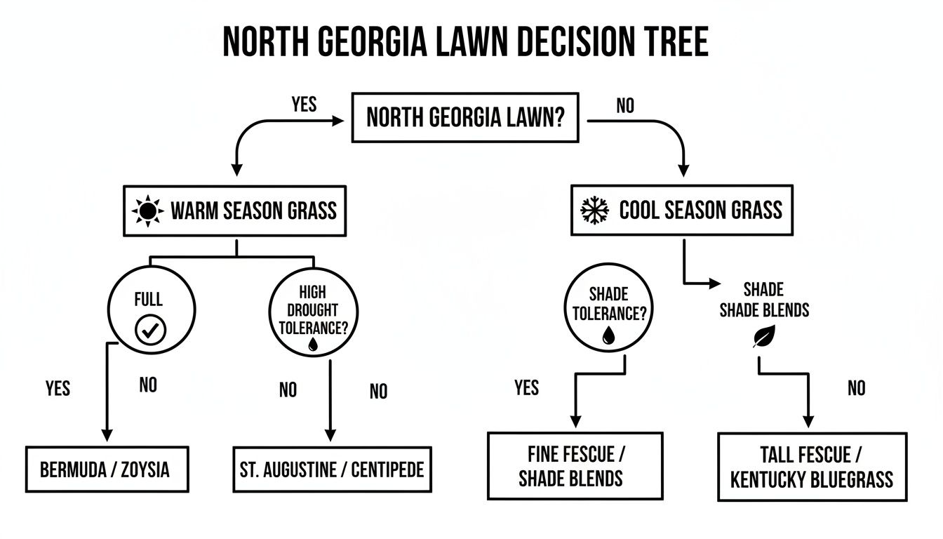 North Georgia lawn decision tree for selecting grass types based on climate and conditions.